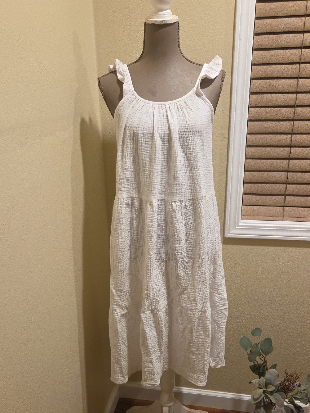 Lightweight White Gauze Ruffle-Shoulder Midi Dress